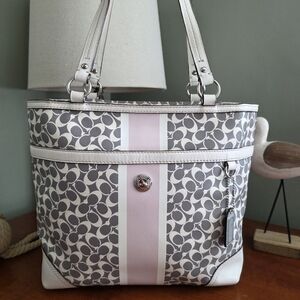 Coach F15137 Chelsea Heritage Stripe Tote Gray White Coated Canvas Bag Y2K